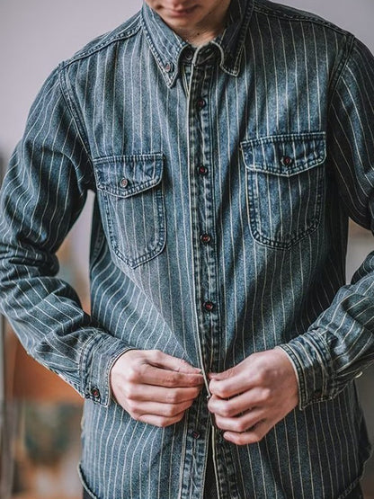 Streetwear Mens Denim Shirts Casual Long Sleeve Buttoned Lapel Striped Blouse Shirt For Men 2025 Spring Casual Cargo Shirt Tops