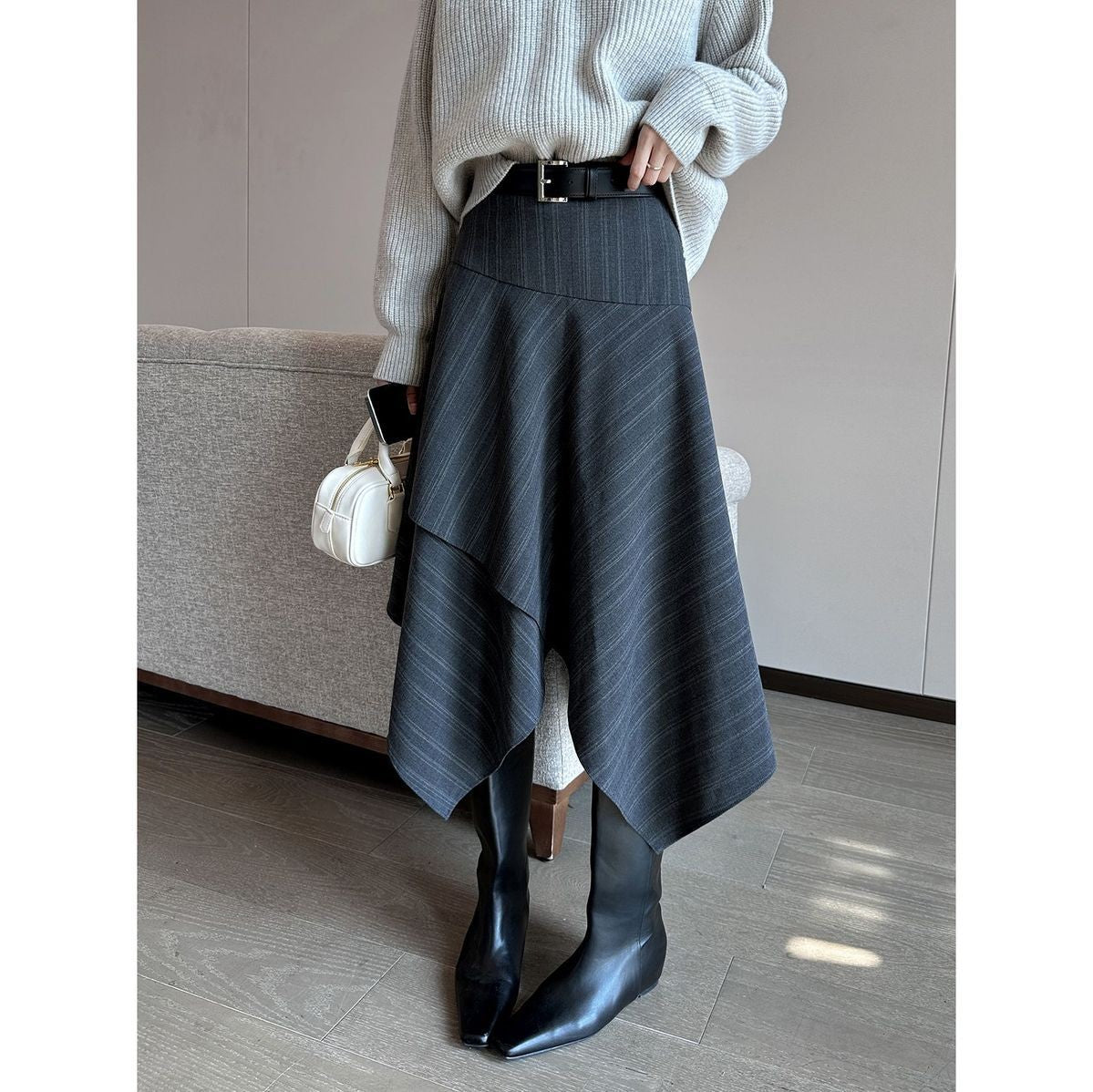 Women Clothing Autumn Winter Fashion Korean Striped A-line Skirt High Waist Female Versatile Appear Thin Irregular Soft Skirt