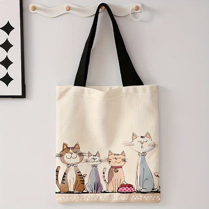 4 Cute Kitten Print Tote Bag - Large Capacity, Foldable Shoulder Bag with Black Handles, Lightweight Shopping Bag for Travel