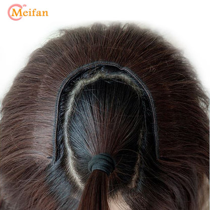 MEIFAN Peruca Sintética Longa e Lisa em U com Meia Cabeça para Mulheres, Clipes Pretos e Castanhos em Extensão de Cabelo, Apliques Naturais e Falsos