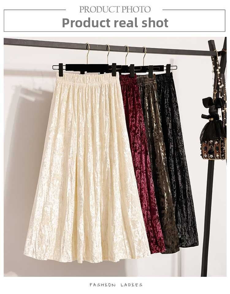 Plus Size Plus Size Women's Velvet Pleated A- Line Midi Skirt Autumn Winter Slimming Half-length Versatile Fashionable Commut...