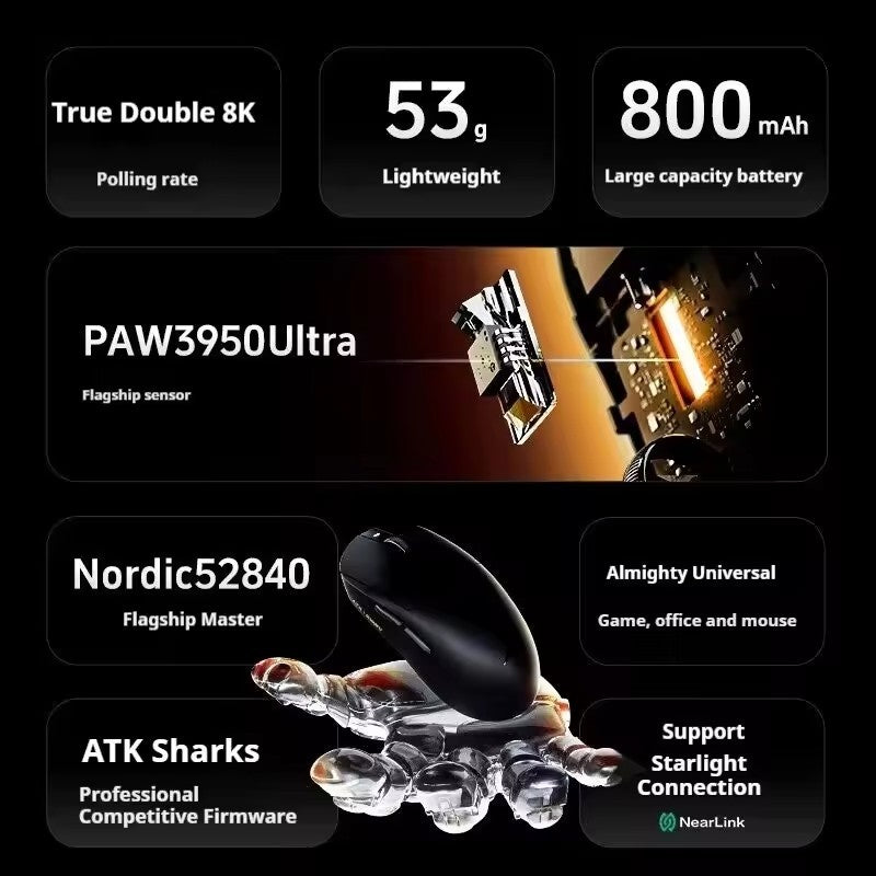 Mouse Sem Fio ATK Dragonfly A9 Series Tri Mode PAW3950 Nordic52840 8K 53g Leve Personalizável para Laptop Gamer PC Gaming