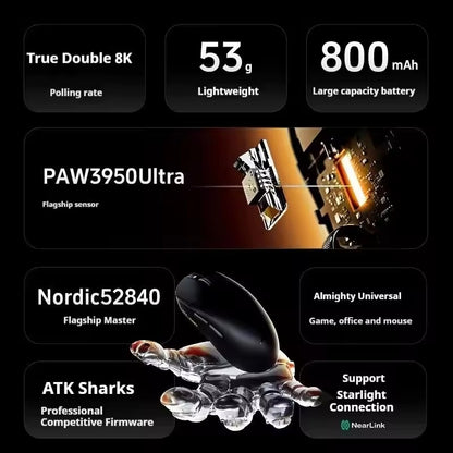 Mouse Sem Fio ATK Dragonfly A9 Series Tri Mode PAW3950 Nordic52840 8K 53g Leve Personalizável para Laptop Gamer PC Gaming