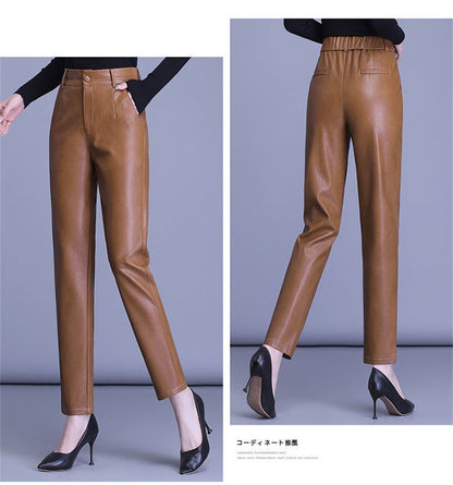 2023 Spring Autumn Sheepskin Pants Women High-waist Straight Pants Slim Lady Genuine Leather Casual Trousers Ankle-Length Pants