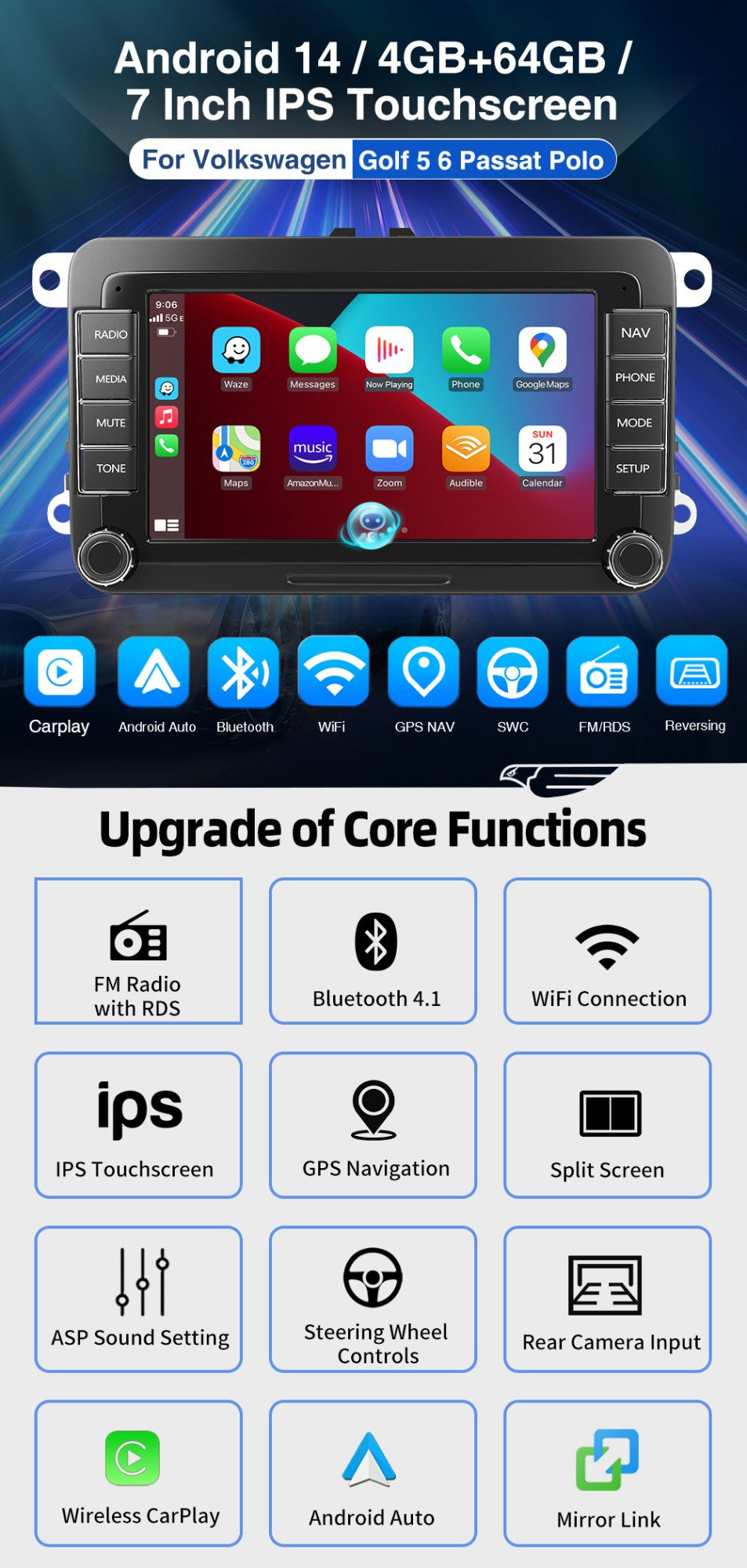 7" Car Stereo Android 14 For VW Volkswagen Jetta Passat Golf MK5 MK6 Apple Carplay GPS Navigation FM Radio WiFi SWC Head Unit BT