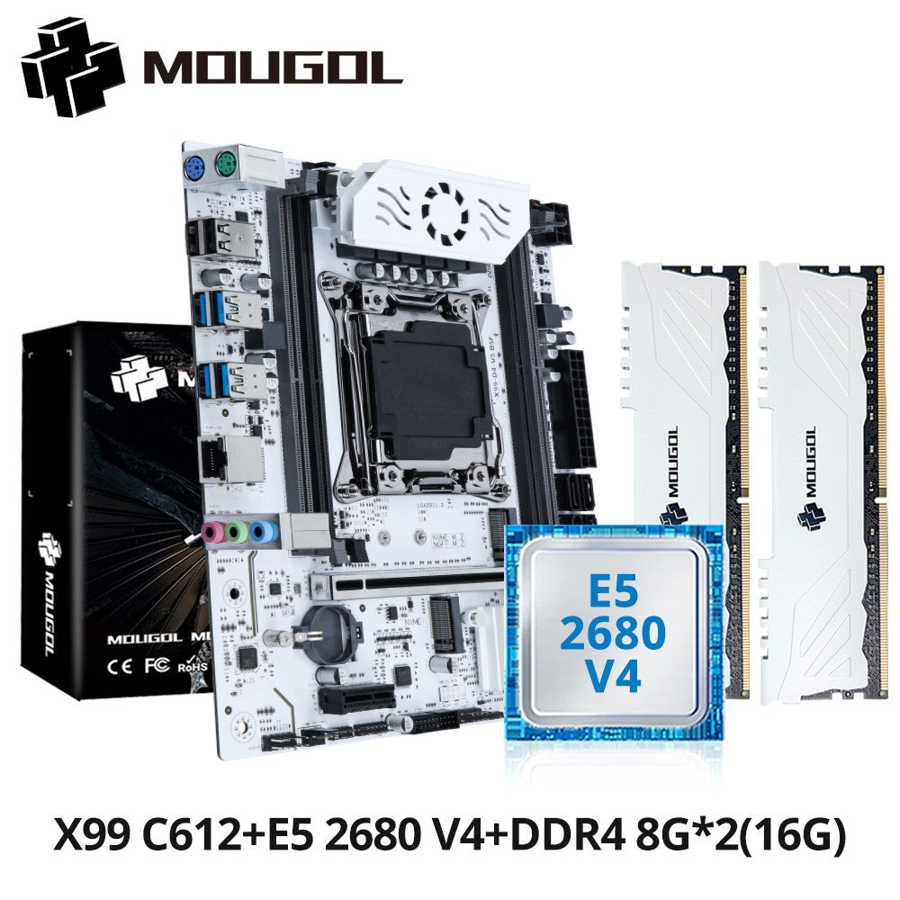 MOUGOL X99 Motherboard Kit C612 Chip with E5 2680 V4 CPU & DDR4 16G (2*8G) 2133MHz Memory NVME PCIE3.0 SATA3.0 for Desktop Host