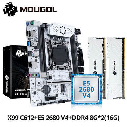 MOUGOL X99 Motherboard Kit C612 Chip with E5 2680 V4 CPU & DDR4 16G (2*8G) 2133MHz Memory NVME PCIE3.0 SATA3.0 for Desktop Host