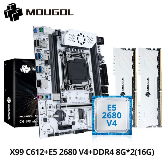 MOUGOL X99 Motherboard Kit C612 Chip with E5 2680 V4 CPU & DDR4 16G (2*8G) 2133MHz Memory NVME PCIE3.0 SATA3.0 for Desktop Host