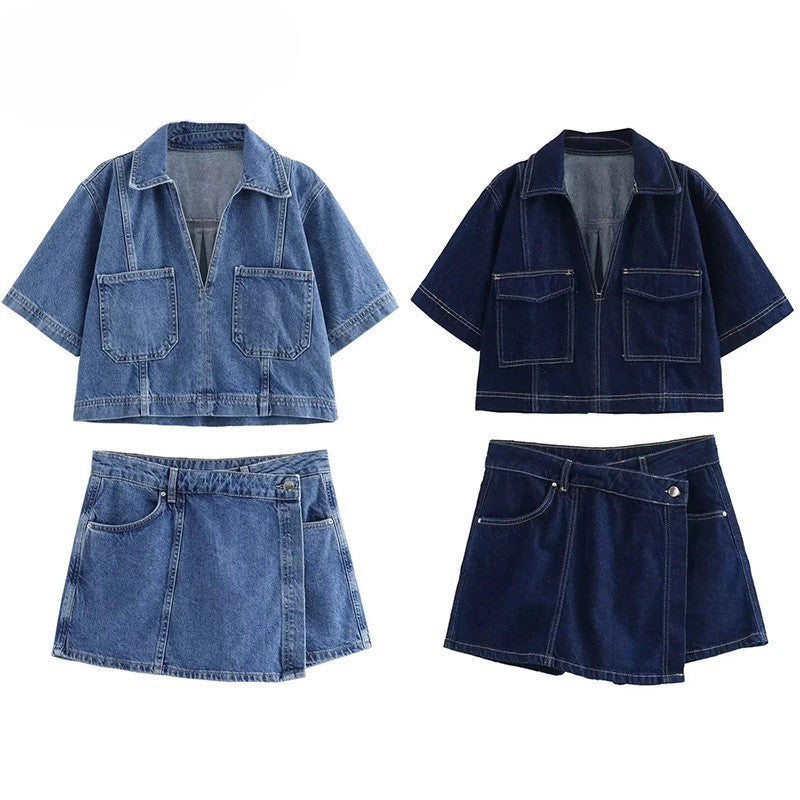 Blue Denim Shirt Woman Short Sleeve Cropped Shirt Women Summer Short Tops Woman Streetwear Y2k Stylish Women's Blouse
