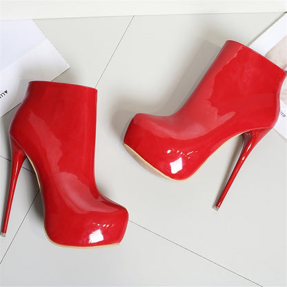 Big Size 35-47 Patent Leather Women Boots Round Toe Side Zipper Super High Heels 16CM Pumps 2025 Sexy Platform Party Shoes Woman