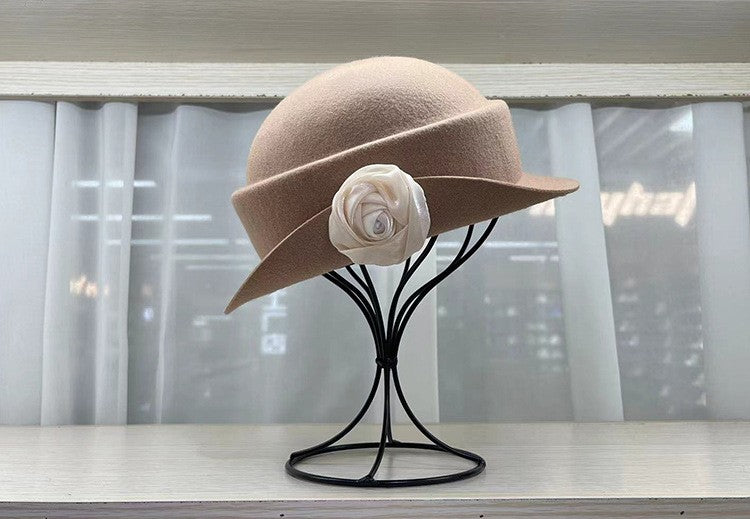 French light luxury Australian wool felt hat Hepburn style camellia flower small brim basin hat women elegant banquet top hat