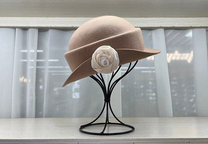 French light luxury Australian wool felt hat Hepburn style camellia flower small brim basin hat women elegant banquet top hat