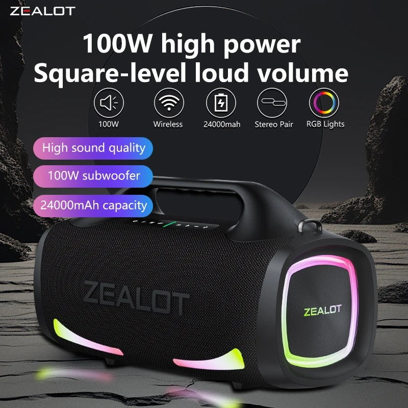 Caixa de Som Sem Fio Zealot S79 100W, Subwoofer Portátil para Exterior, Qualidade de Som Hifi, Pareamento Duplo, Carregamento Rápido, 24000mAh.