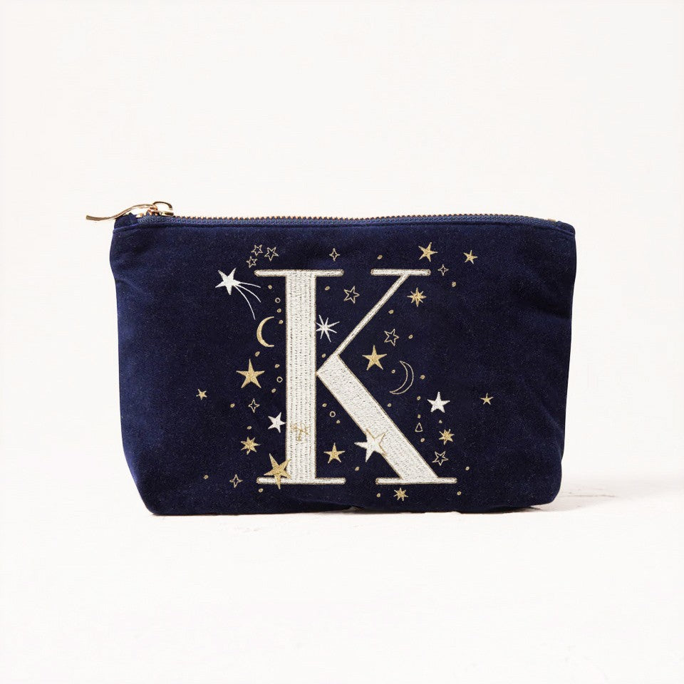 Alphabet Print Velvet Clutch Makeup Bag - Fashionable Cosmetic Pouch with Glittering Star Motif