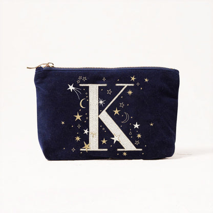 Alphabet Print Velvet Clutch Makeup Bag - Fashionable Cosmetic Pouch with Glittering Star Motif