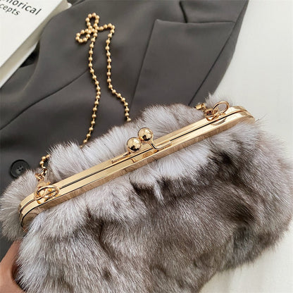 MOODS Soft Plush Evening Bags For Elegant Women Fox Fur Dinner Party Clutch Chain Crossbody Winter Warm Luxury Designer Handbags