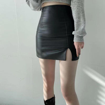 Xpqbb Balck PU Leather Mini Skirt Women Sexy Skinny High Waist Side Split Hip Skirts Autumn New Korean Office Lady Short Skirt