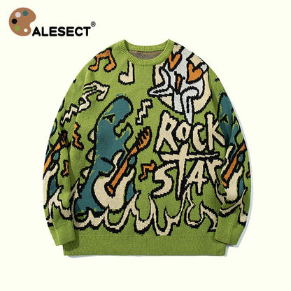 CALESECT Green Dinosaur Knit Sweater Womens Dino Jumper Y2K Streetwear Oversized Pullover Plus Size Mens Women Adults Men Trendy