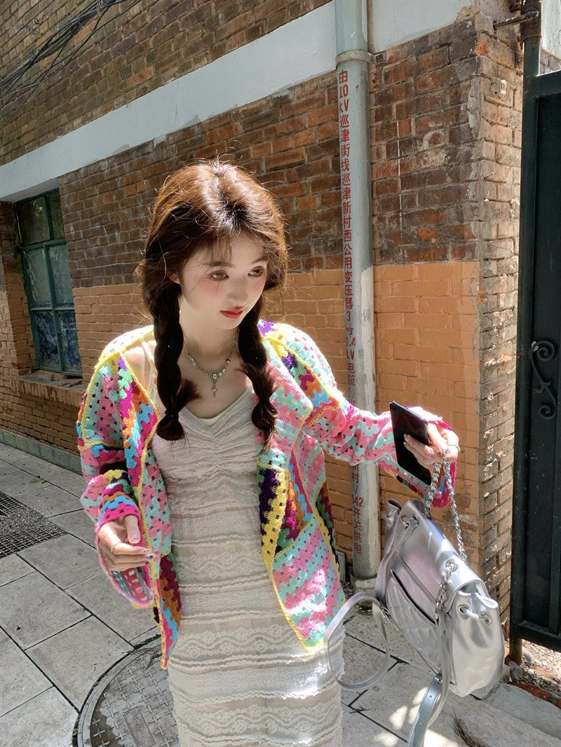SALIENCY Colorful Crochet Knit Hollow Cardigan Sweater Jacket Women Spring Top Loose Short Knitwear