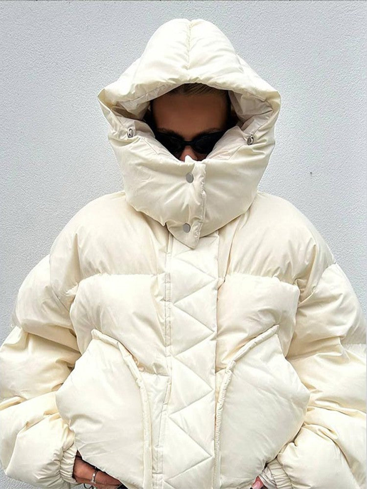 Detachable Hooded Padded Jackets Women's Loose Full Sleeves Zipper Pockets Stand Collar Coats 2025 Autumn Winter Female Outwear