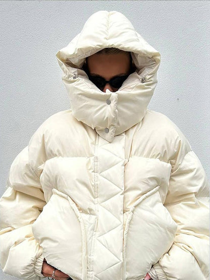 Detachable Hooded Padded Jackets Women's Loose Full Sleeves Zipper Pockets Stand Collar Coats 2025 Autumn Winter Female Outwear