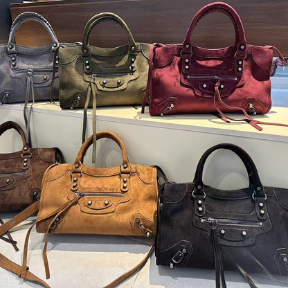 Retro suede motorcycle bag, women's city handbag, leather crossbody bag, single-shoulder armpit bag