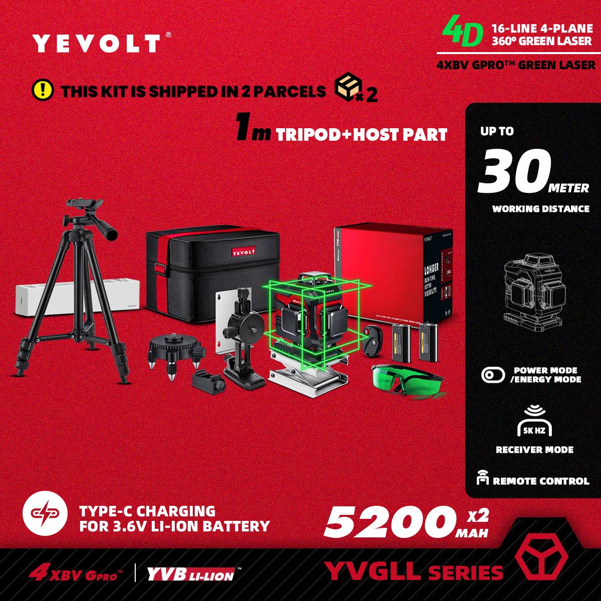 Nível a Laser Verde YEVOLT YVGLL4XS16 Series 4 Planos 16 Linhas Autonivelante 360 3D Ferramentas de Medição de Potência Horizontal e Vertical