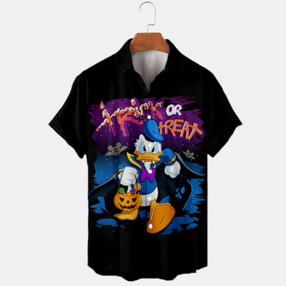 2024 New Halloween Collection Disney Branded Stitch And Mickey Anime 3D Printed Men's Lapel Short Sleeve Slim Fit Hawaiian Shirt