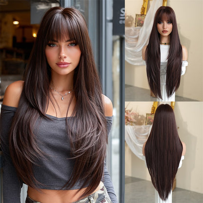 Peruca feminina dourada e branca, moderna com cabelo liso ultralongo, peruca preta completa, com franja e cobertura total da cabeça,