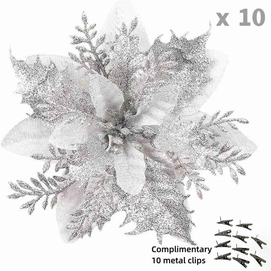 10pcs 14cm Glitter Poinsettia Christmas Artificial Flowers with Clips DIY Xmas Tree Ornaments Wreath Fireplace Decorations