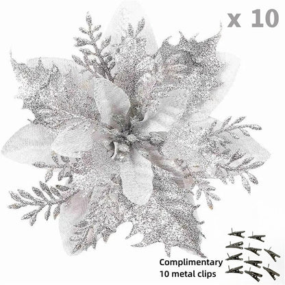 10pcs 14cm Glitter Poinsettia Christmas Artificial Flowers with Clips DIY Xmas Tree Ornaments Wreath Fireplace Decorations