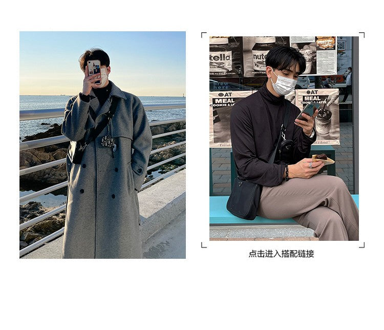 Winter Thick Woolen Coat Men Warm Fashion Solid Colors Oversized Long Wool Blends Coat Men Korean Loose Coat Mens Overcoat Q30