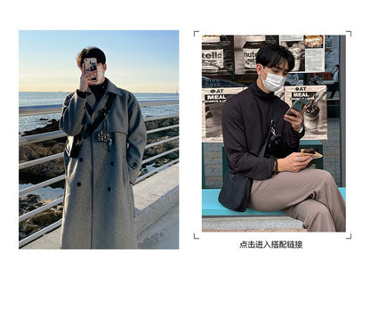 Winter Thick Woolen Coat Men Warm Fashion Solid Colors Oversized Long Wool Blends Coat Men Korean Loose Coat Mens Overcoat Q30