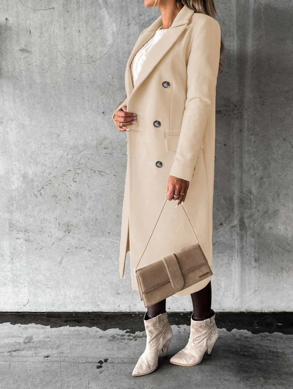 Autumn and Winter Women's Clothing Long-sleeved Lapel Solid Color Double-breasted Slim-fit Coat