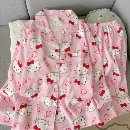 Cartoon Hello Kitty Pajamas Set Women's Autumn Winter Long Sleeve Loungewear Pink Cute Sleepwear Kawaii Soft Homewear Outfit