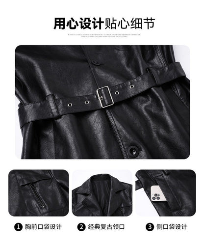 New Mid-length Men's Leather Jacket Spring and Autumn Fashion Functional Lapel PU Jacket Retro Men's Motorcycle Leather Jacket