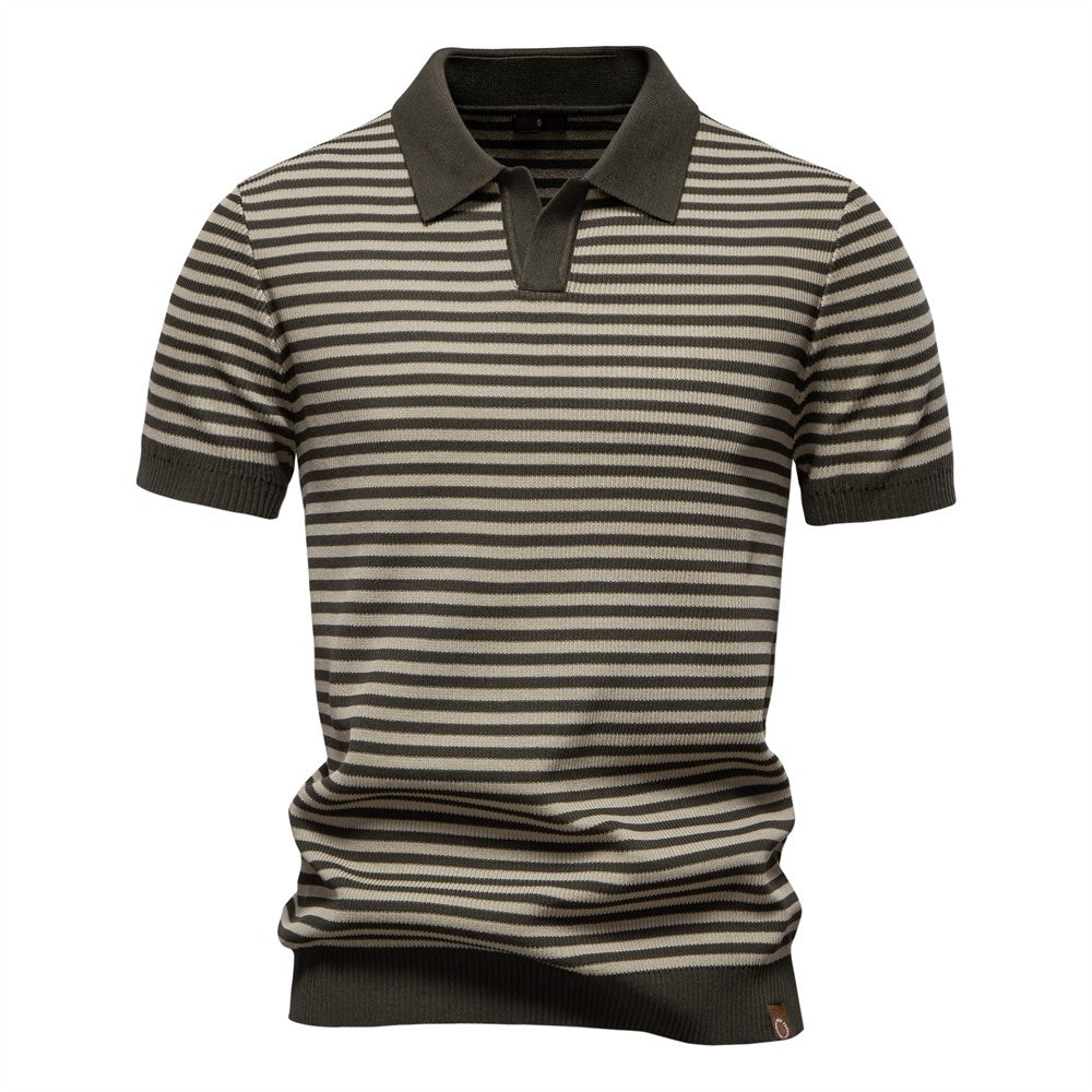 ?AIOPESON 2025 Men's Contrast Striped Polo Shirt - Lightweight V-Neck Knit Top with Breathable Textured Panels