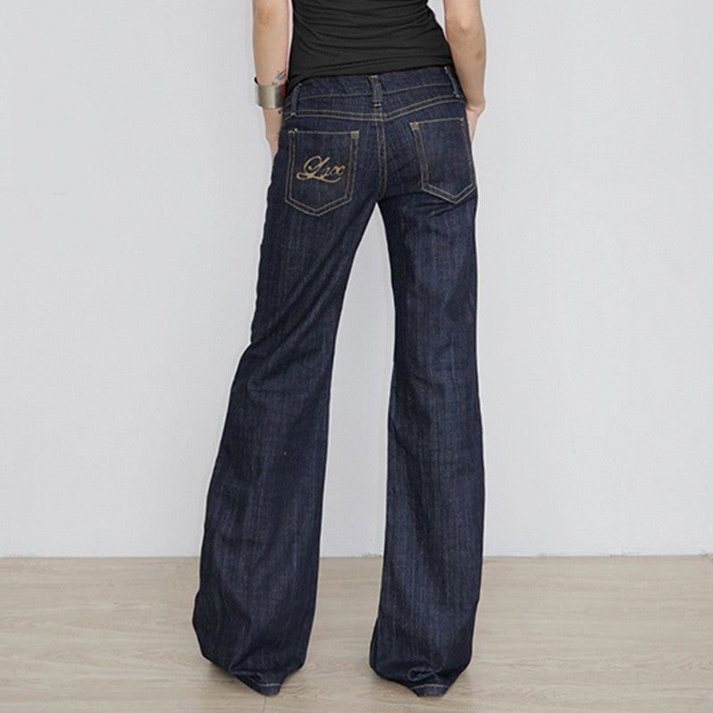 Women's Slim Fit Flared Jeans Y2K Vintage Low Rise Stretch Denim Pants with Embroidery Distressed Style for Everyday Outfits