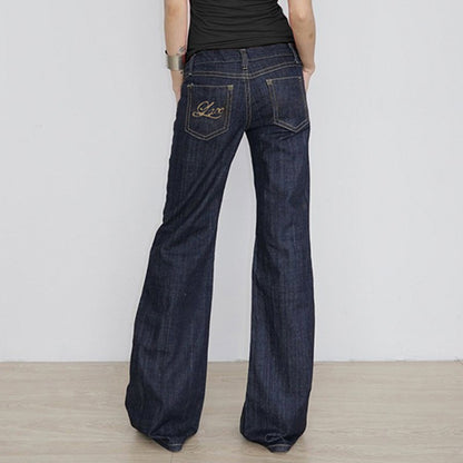 Women's Slim Fit Flared Jeans Y2K Vintage Low Rise Stretch Denim Pants with Embroidery Distressed Style for Everyday Outfits