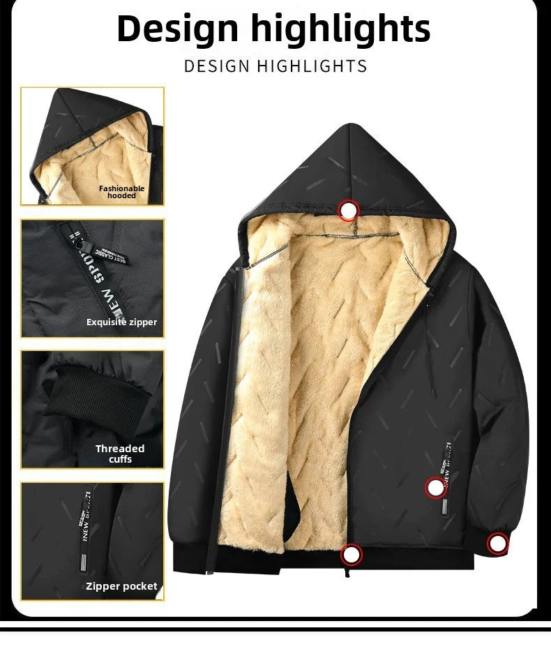 Men's Winter Lamb Velvet Jacket Fleece Lined Cotton Suit Hooded Loose plus Size Warm Cotton Coat Thermal Cotton Clothing