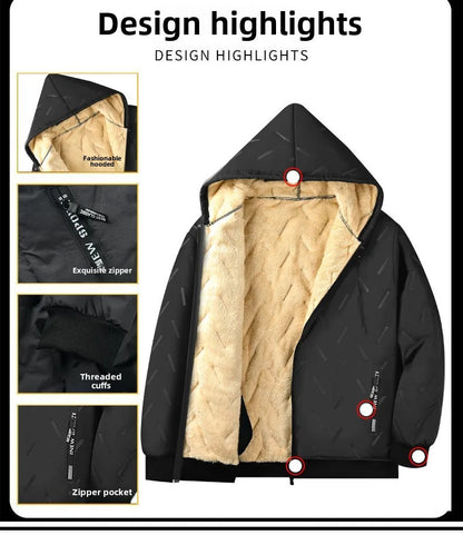 Men's Winter Lamb Velvet Jacket Fleece Lined Cotton Suit Hooded Loose plus Size Warm Cotton Coat Thermal Cotton Clothing
