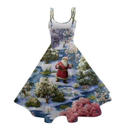 High Quality Cute Women's Casual Fashion Round Neck Christmas Print Mid-Length Dress Pretty Sweet Christmas Suspender Dress
