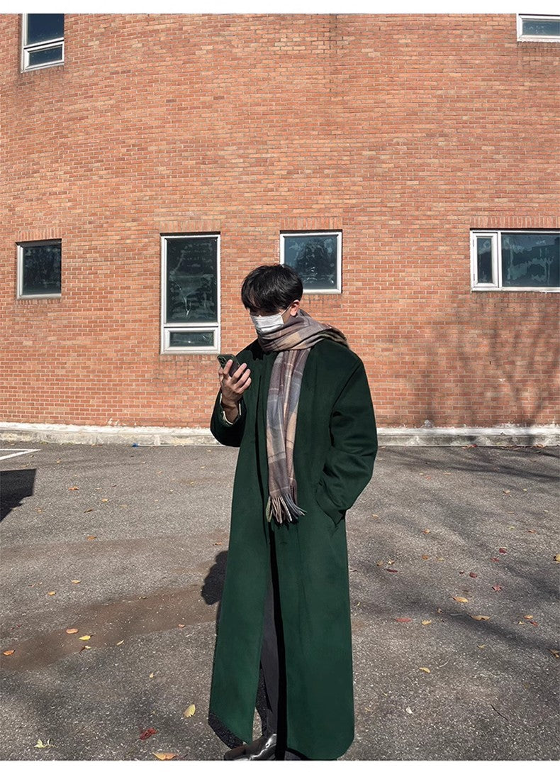 Mauroicardi Autumn Winter Long Warm Oversized Soft Dark Green Black Woolen Coat Men Loose Casual Korean Wool Blends Overcoat