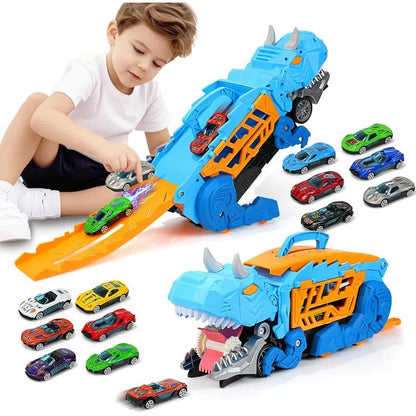 Brinquedo Dinossauro para Crianças Meninos de 3 a 5 Anos, Conjunto de Pista de Carros Caminhão Transportador de Dinossauros com Carrinhos Diecast que se Transformam em Dinossauros