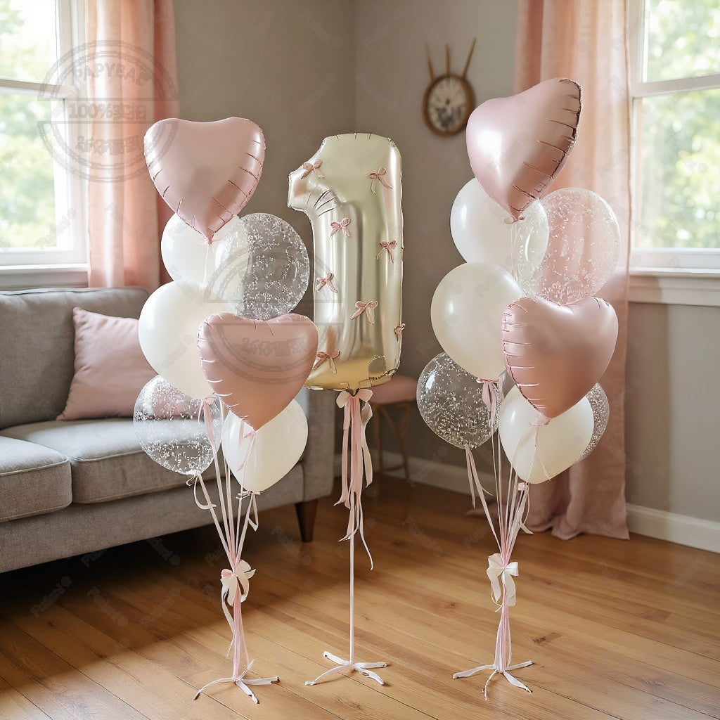 32inch Pink Bows Number Balloons Cream White Beige Number Foil Balloons Pink Bows For Birthday Coquette Themed Party Decor