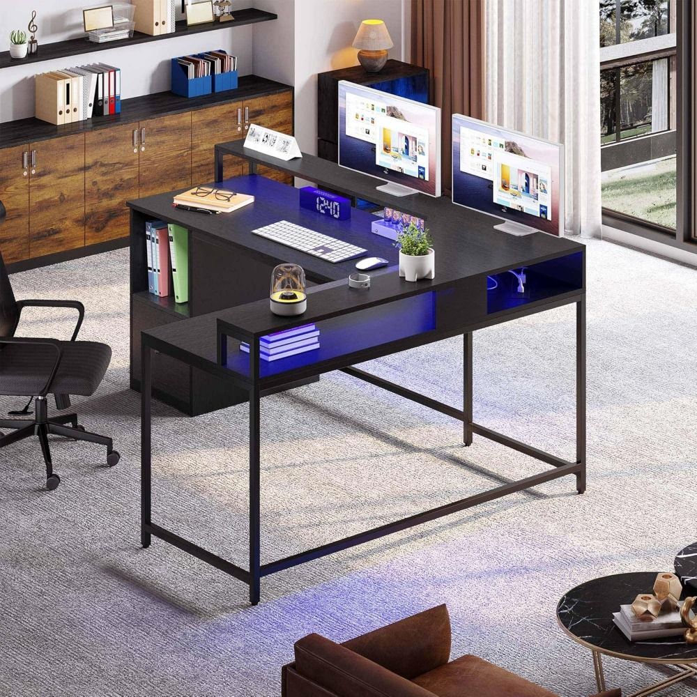 HOT-L Shaped Desk With Power Outlets  LED Lights, 67" Computer Desk With File Drawer, Corner Desk Home Office Desks
