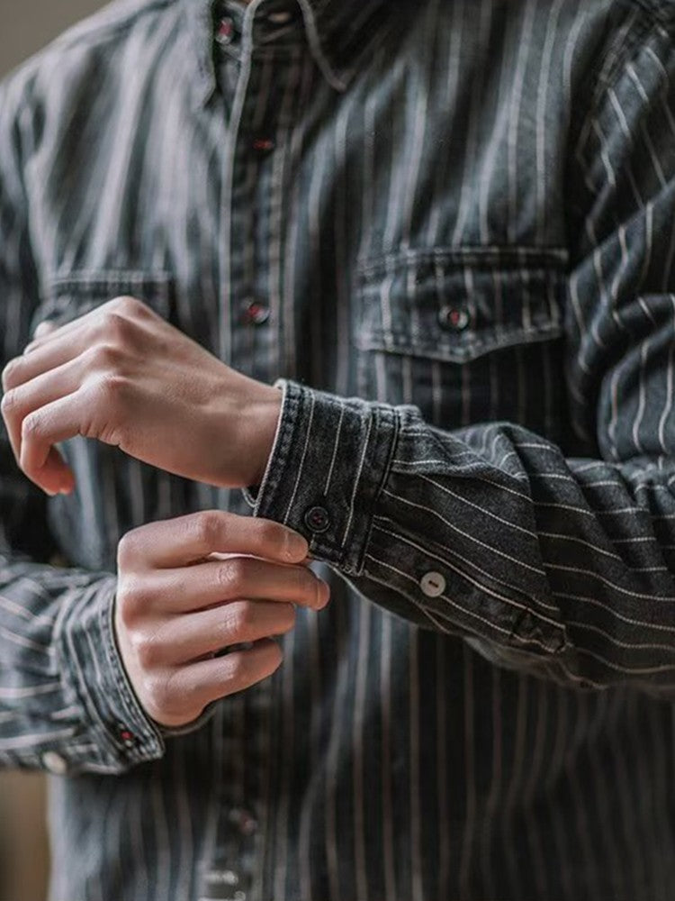 Streetwear Men's Denim Shirts Casual Long Sleeve Buttoned Lapel Striped Blouse Shirt for Men Spring Casual Cargo Shirt Tops