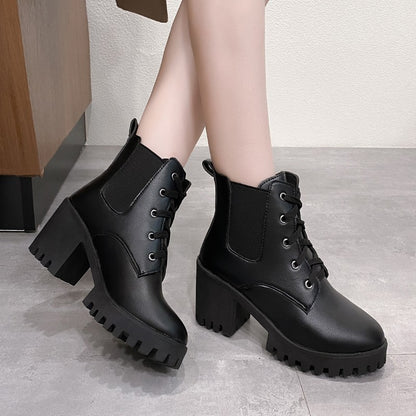 Women Retro Round Toe Chunky Heels Ankle Boots Autumn New High Heels Shoes Woman Lace Up Platform Short Booties Big Size 43