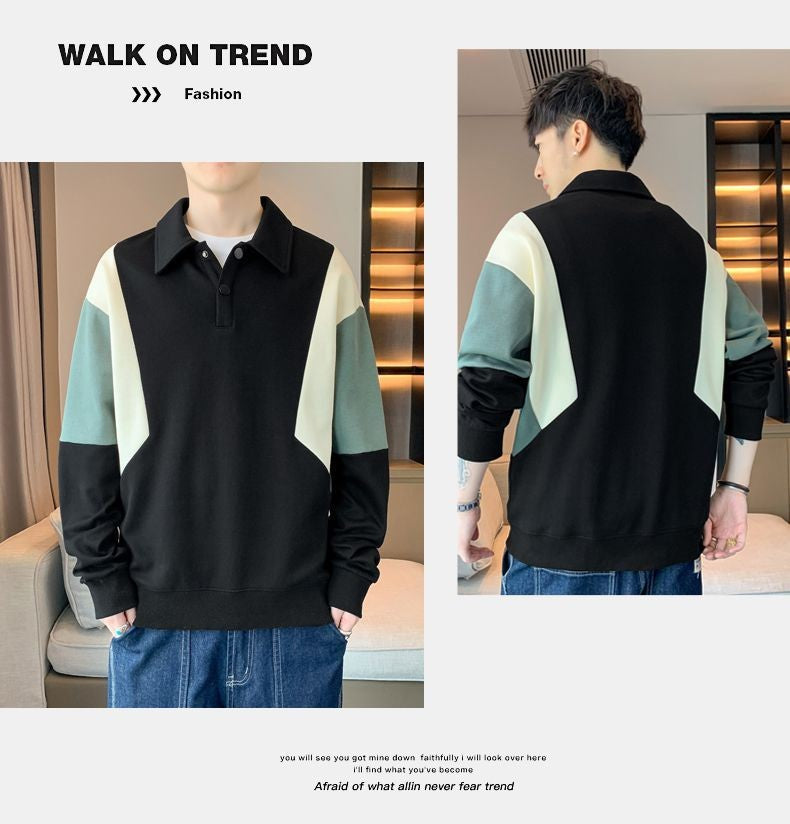 Contrast Patchwork Trend Loose Polo Neck Hoodies Sweatshirts Men's Spring Autumn Long Sleeve Casual Tops Fashion Korean Clothing