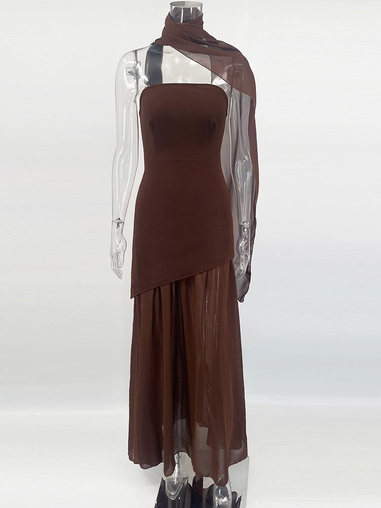 TARUXY Fashion Strapless Dress With Ribbon Female Elegant Sleeveless Mesh Beach